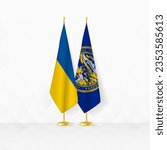 Ukraine and Nebraska flags on flag stand, illustration for diplomacy and other meeting between Ukraine and Nebraska. Vector illustration.