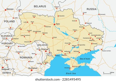 Ukraine and neighbours. Vector map with cities and main roads. Editable map layers.