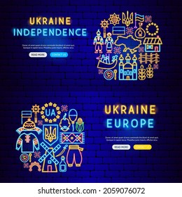 Ukraine Neon Banners. Vector Illustration of National Promotion.