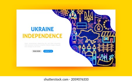 Ukraine Neon Landing Page. Vector Illustration of Independence Promotion.