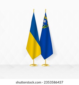 Ukraine and Nevada flags on flag stand, illustration for diplomacy and other meeting between Ukraine and Nevada. Vector illustration.