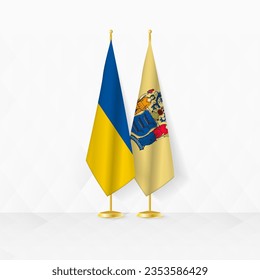 Ukraine and New Jersey flags on flag stand, illustration for diplomacy and other meeting between Ukraine and New Jersey. Vector illustration.