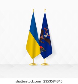 Ukraine and North Dakota flags on flag stand, illustration for diplomacy and other meeting between Ukraine and North Dakota. Vector illustration.