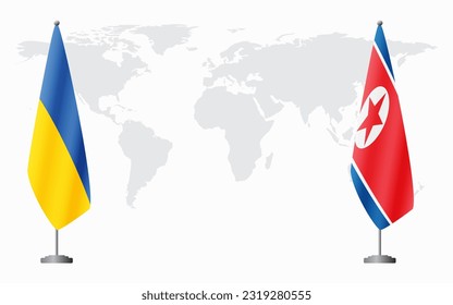 Ukraine and North Korea flags for official meeting against background of world map.