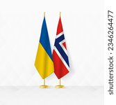 Ukraine and Norway flags on flag stand, illustration for diplomacy and other meeting between Ukraine and Norway. Vector illustration.