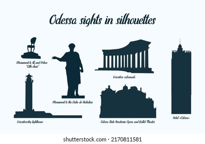 Ukraine, Odessa city's attractions in silhouetts style.  There are Vorontsovsky lighthouse, Monument to Duke de Richelieu, Odessa State Academic Opera and Ballet Theater