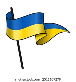 Ukraine Official Flag Icon on Black Metallic Pole, Blue and Yellow Mini Flag Isolated on White Background, Flat Cartoon Style, Editable and Scalable Vector Illustration in EPS