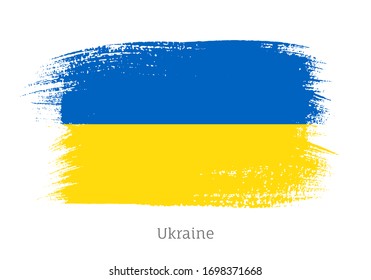 Ukraine official flag in shape of paintbrush stroke. Ukrainian national identity symbol. Grunge brush blot object isolated on white background vector illustration. Ukraine country patriotic stamp.