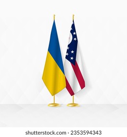 Ukraine and Ohio flags on flag stand, illustration for diplomacy and other meeting between Ukraine and Ohio. Vector illustration.