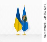 Ukraine and Oklahoma flags on flag stand, illustration for diplomacy and other meeting between Ukraine and Oklahoma. Vector illustration.