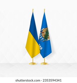 Ukraine and Oklahoma flags on flag stand, illustration for diplomacy and other meeting between Ukraine and Oklahoma. Vector illustration.
