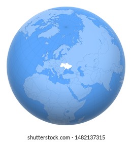 Ukraine on the globe. Earth centered at the location of the Ukraine. Map of Ukraine. Includes layer with capital cities.