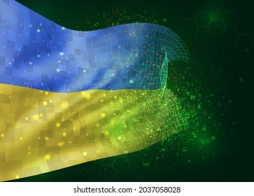 Ukraine, on vector 3d flag on green background with polygons and data numbers