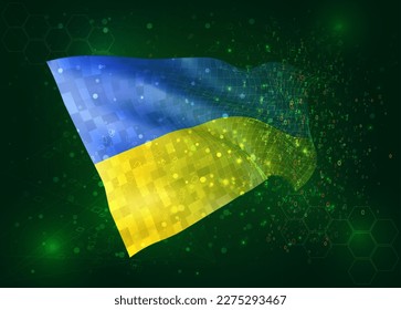 Ukraine, on vector 3d flag on green background with polygons and data numbers