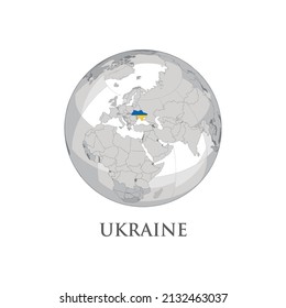 Ukraine on world globe with flag, vector illustration