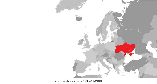 Ucrania en el mapa mundial. Ucrania tenía un color diferente al de otros países. Ucrania bajo ataque es resaltada en rojo. Vector 10 eps.