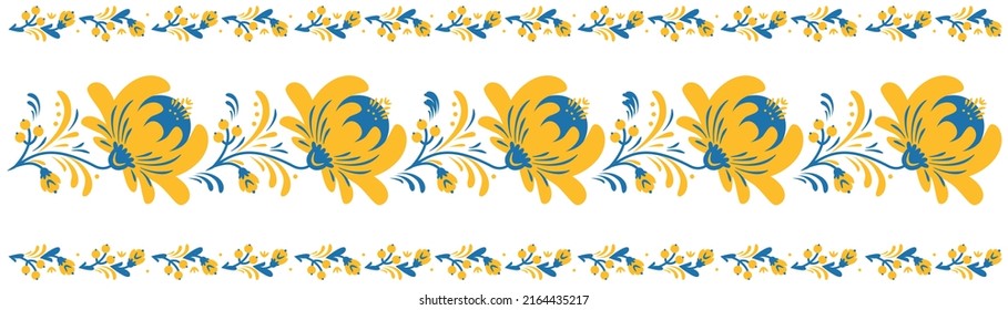 Ukraine ornament style of Petrykivka painting. Traditional paint folk flowers wreath for card, header, invitation, poster, social media, post publication. Ukrainian national embroidery.