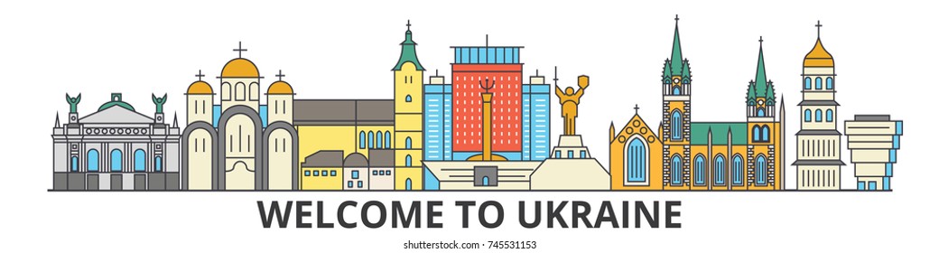 Ukraine outline skyline, ukranian flat thin line icons, landmarks, illustrations. Ukraine cityscape, ukranian travel city vector banner. Urban silhouette