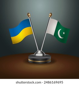 Ukraine and Pakistan flag together. Small table flag with color gradient background

