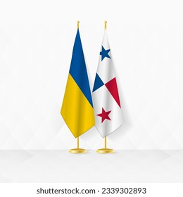 Ukraine and Panama flags on flag stand, illustration for diplomacy and other meeting between Ukraine and Panama. Vector illustration.