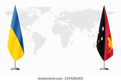 Ukraine and Papua New Guinea flags for official meeting against background of world map.