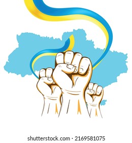 Ukraine Patriotic Banner with Ukrainian Flag in Raised Hands, good to Independence, Freedom Day Background.