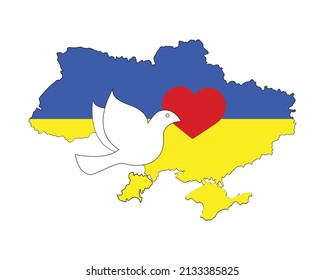 Ukraine.Map of Ukraine. Peace dove with red heart. Vector illustration