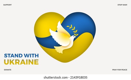 Ukraine Friedensunterstützungssymbol mit Friedenstaube, ukrainische Flagge in einer Form von Herzmuster - Vektorgrafik gegen den Krieg Ukraine Russland