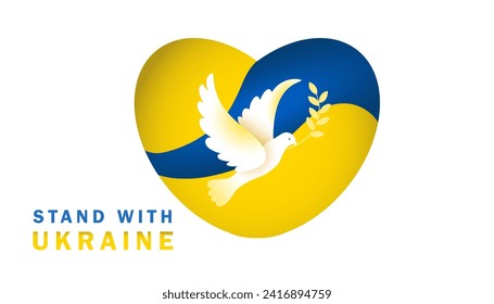 Ukraine peace support icon with peace dove, Ukrainian flag in a shape of heart pattern. Stand With Ukraine. Ukraine national flag colors. Blue and yellow symbol of peace  - vector illustration