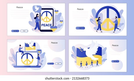Ukraine peace symbols. Flag of Ukraine. Dove of peace. Stand with Ukraine. Stop war. No war. Screen template for landing page, template, ui, web, mobile app, poster, banner, flyer. Vector illustration