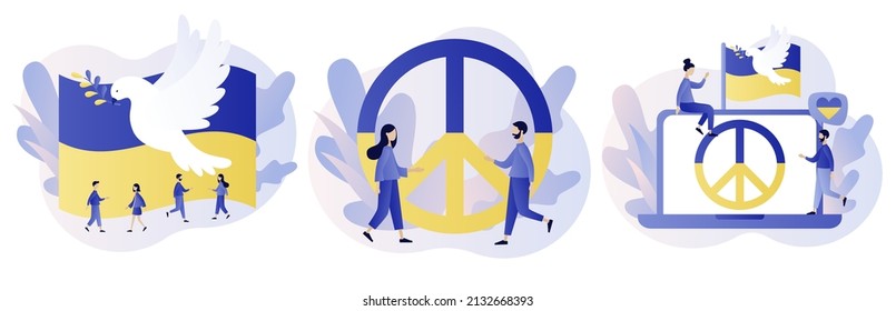 Ukraine peace symbols. Flag of Ukraine. Dove of peace. Stand with Ukraine. Stop war. No war. Modern flat cartoon style. Vector illustration on white background