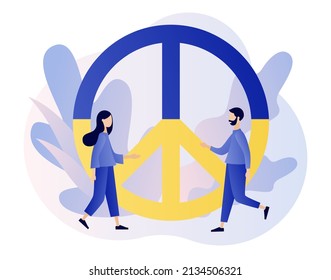 Ukraine peace symbols. Flag of Ukraine. Tiny people stand with Ukraine. Stop war. No war. Modern flat cartoon style. Vector illustration on white background