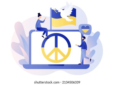 Ukraine peace symbols on laptop screen. Flag of Ukraine. Dove of peace. Stand with Ukraine. Stop war. No war. Modern flat cartoon style. Vector illustration on white background