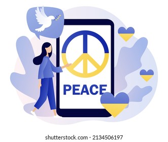 Ukraine peace symbols on smartphone screen. Flag of Ukraine. Dove of peace. Stand with Ukraine. Stop war. No war. Modern flat cartoon style. Vector illustration on white background