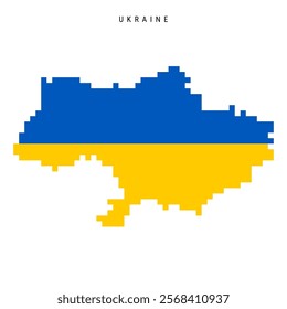 Ukraine pixel flag map icon. 8 bit pixel art Ukrainian map covered with flag. Flat vector illustration isolated on white background.