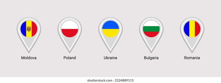 Ucrânia, Polônia, Bulgária, Moldávia, Romênia bandeiras mapa pinos isolados ícones ilustração vetor. A Europa Oriental afirma ponto de localização. Símbolos oficiais adesivos sinais. Marcadores de países europeus