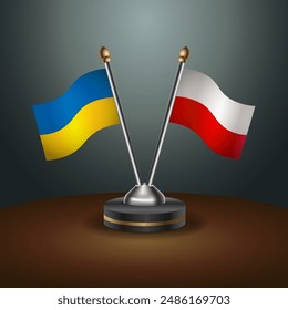 Ukraine and Poland flag together. Small table flag with color gradient background
