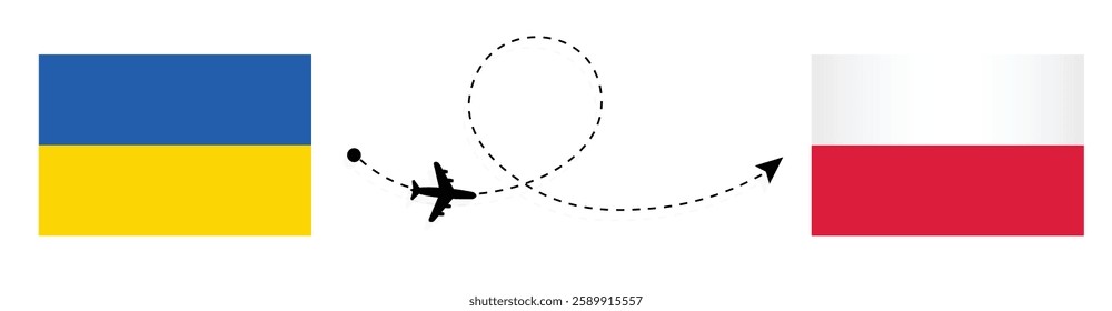 Ukraine to Poland Flight Travel by Air. Kyiv to Warsaw Flight Travel Concept Vector Art. Ukraine and Poland Flags Together.

