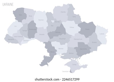 Ukraine political map of administrative divisions - regions, two cities with special status of Kyiv and Sevastopol, and autonomous republic of Crimea. Grey vector map with labels.