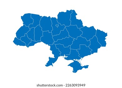 Politische Landkarte der Verwaltungseinheiten der Ukraine - Regionen, zwei Städte mit Sonderstatus von Kiew und Sewastopol und autonome Republik Krim. Solid blaue, leere Vektorkarte mit weißen Rändern.