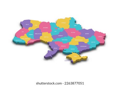 Politische Landkarte der Verwaltungseinheiten der Ukraine - Regionen, zwei Städte mit Sonderstatus von Kiew und Sewastopol und autonome Republik Krim. Farbige 3D-Vektorkarte mit heruntergefallenem Schatten und