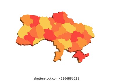 Ukraine political map of administrative divisions - regions, two cities with special status of Kyiv and Sevastopol, and autonomous republic of Crimea. 3D map in shades of orange color.