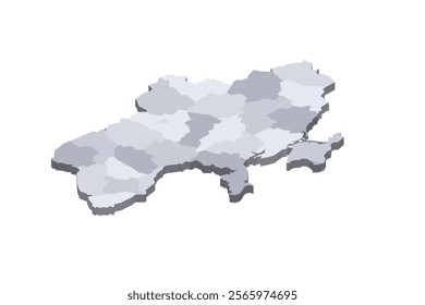 Ukraine political map of administrative divisions - regions, two cities with special status of Kyiv and Sevastopol, and autonomous republic of Crimea. 3D isometric blank vector map in shades of grey.