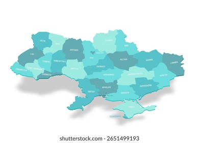 Mapa político da Ucrânia de divisões administrativas - regiões, duas cidades com status especial de Kiev e Sebastopol, e república autônoma da Crimeia. Mapa de vetor turquesa 3D com rótulos de nome.