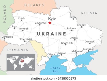 Mapa político de Ucrania con la capital Kiev, ciudades más importantes y fronteras nacionales