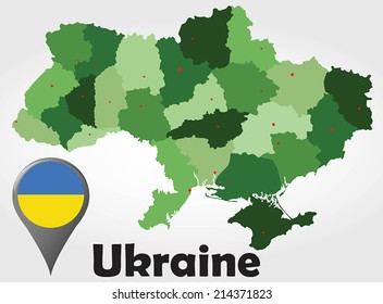 Ukraine political map with green shades and map pointer.
