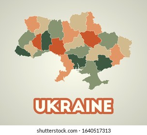 Ukraine poster in retro style. Map of the country with regions in autumn color palette. Shape of Ukraine with country name. Astonishing vector illustration.