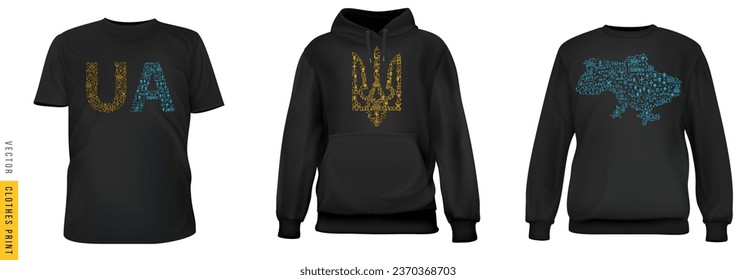 Ukraine print on textile clothing. Collection template t-shirt, hoodie, sweatshirt for branding national or patriotic event. Set vector creative bright illustration map, coat of arms, lettering ua.