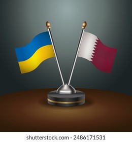 Ukraine and Qatar flag together. Small table flag with color gradient background
