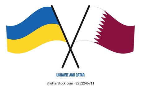Ukraine und Katar Flaggen überquert und schwingen flatter Stil. Offizieller Anteil. Korrigieren Sie Farben.